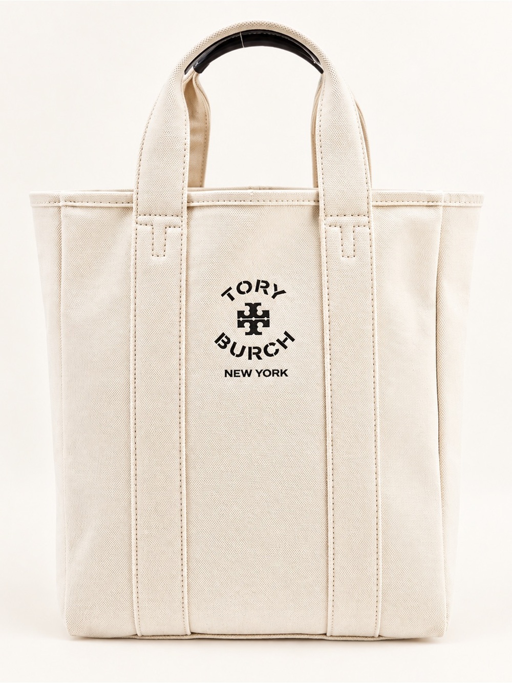 NWOT Tory Burch Luxury Canvas Logo Tote Bag Cream Ivory Navy Leather Handles